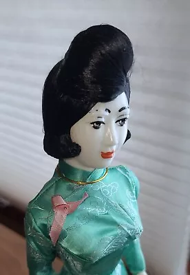 Vintage Late 1960s 16  Vietnamese Doll On  Wood Stand  • $40