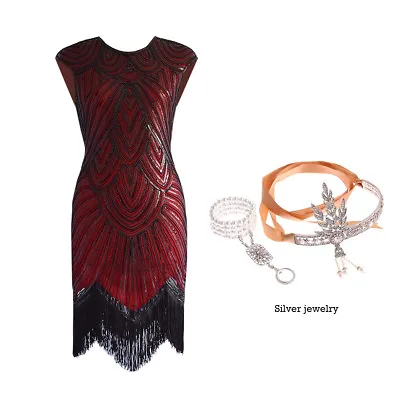 1920s Flapper Dress 20s Great Gatsby Party Gown Charleston Sequin Fringe Dresses • £26.39