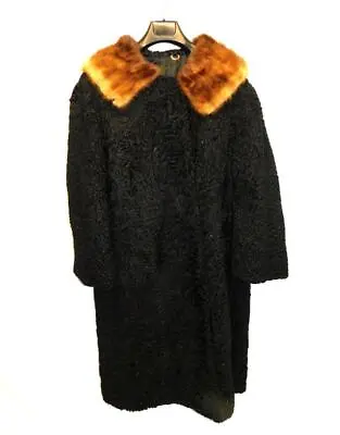 Vintage L Black Curly Persian Lamb Mink Fur Collar Coat Long Midi Formal Woman L • $74.99