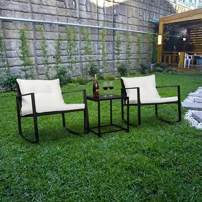 Outdoor Wicker Rocking Chair 3PCS Set Rattan Patio Furniture Table With Cushions • $94.99