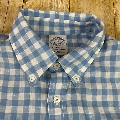 Brooks Brothers Regent Linen Shirt Medium Long SLeeve White Blue Gingham Checks • $29.95