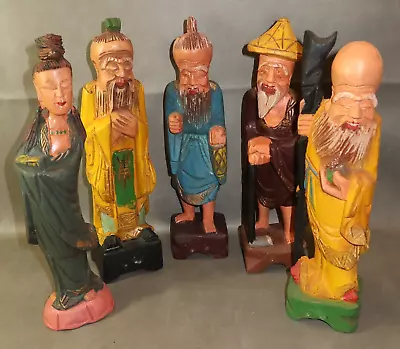 Lot Of 5 VTG Asian Hand Carved Wood Buddha Wise Men Quan Yin 12  Figures Statues • $60.84