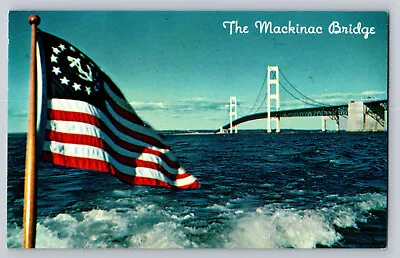 Vintage 1960's Postcard The Mackinac Bridge Lake Huron Lake Michigan Unposted • $4.92