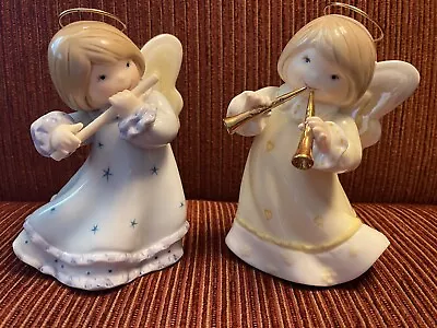 2 Musical Porcelain Angel Figurines Flute & Clarinets Dressed In Pastels 5.5” • $19.96