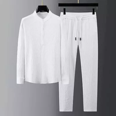 Spring Summer Seersucker Suits Men Long Sleeve Casual Shirts Pant Two-piece Set • $25.49