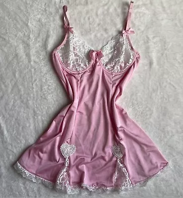 Glossy Pink Sissy Wide Chantilly Lace Hem Satin Cami Nightdress Nightgown L XL • $34