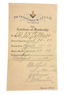 1928 Masons Grand Lodge Of AF & AM Certificate Of Membership Medford OR A1 • $27.99