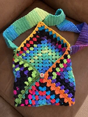 Vintage Multicolor Crochet Shoulder Bag Purse Boho Hippie Style • $13