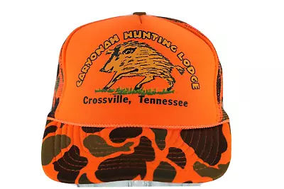 Vintage 90s Caryonah Hunting Lodge Boar Blaze Orange Camouflage Trucker Hat • $40.45
