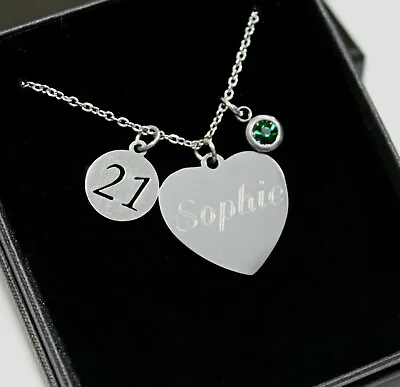 Personalised 21st Birthday Gift ENGRAVED Necklace Heart Pendant Birthstone Charm • £14.39