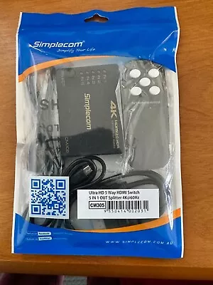 Simplecom Ultra HD 5 Way HDMI Switch - 5 In 1 Out Splitter - 4k@60Hz • $15