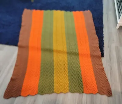 Vintage Orange Green Gold Brown Zig Zag Crochet Afghan Blanket BIG 70x51 Fall • $21.99