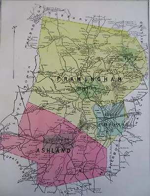 Framingham & Ashland Middlesex Mass. 1889 Walker Detailed Township Map • $54.40