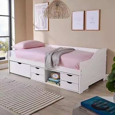 White Solid Pine Cabin Bed 3ft Single Guest Bed Under Bed Storage With 5 Drawers • £269.99