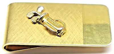 Vtg Golf Bag & Clubs Gold Brushed Metal Money Clip For Golfers Made In USA • $17.95