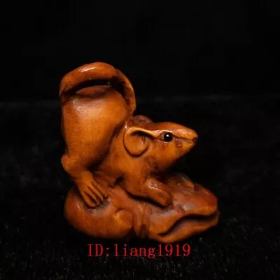 Old Japanese Boxwood Hand Carved Money Bag Mouse Statue Netsuke Gift 1.2 Inch • £19.19