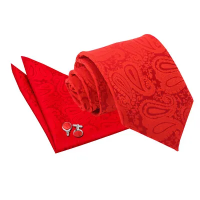 Mens Tie Hanky Cufflinks Set Woven Floral Paisley Red Classic Skinny By DQT • £10.99