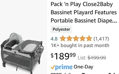 Graco Pack N Play Close2Baby Playard Bassinet Diaper Changer Derby NEW • $129