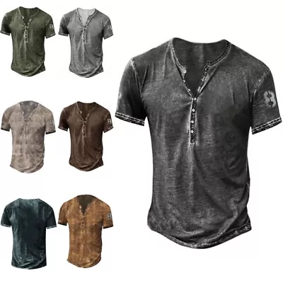 $20.99 • Buy Mens Summer Henley Casual Tee Tops Short Sleeve V Neck Holiday Pullover T Shirt