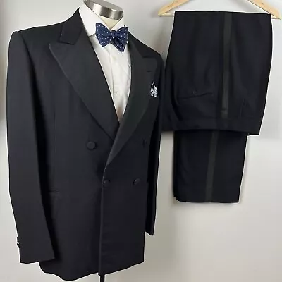 TRUE VTG 1940s Double Breasted Tuxedo 40L Peak Lapel Heavy Wool 36 X 31 Pants • $350