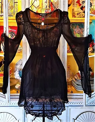 Vintage Betsey Johnson Evening Black Sheer Gauze Crochet Batwing Dress Sz Small • $249.99