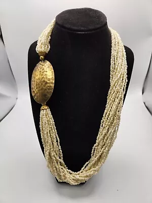 Vintage  Multi Strand Seed Bead  Hammered Brass Statement Necklace 25  • $14.99