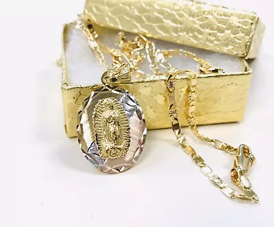 Cadena Y Medalla De La Virgen De Guadalupe De Oro Laminado Para Mujer Tres Oros • $28.79