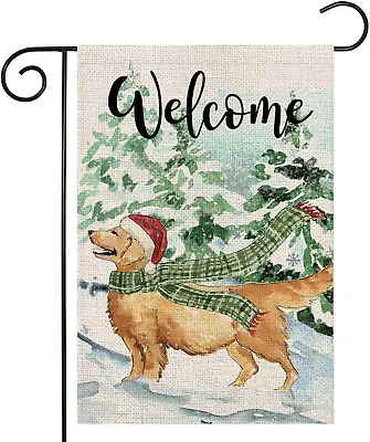 Winter Welcome Garden Flags For OutsideGolden Retriever Dog With Christmas Hat  • $10.58