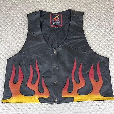 Vintage Mens Leather Vest XL Black Motorcycle Flame Fire Design Krazy Skins • $59.50