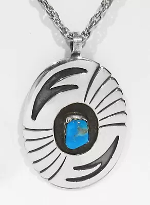 Large Vintage Signed Jerry Cowboy Navajo 925 Silver Kingman Turquoise Pendant • £0.80