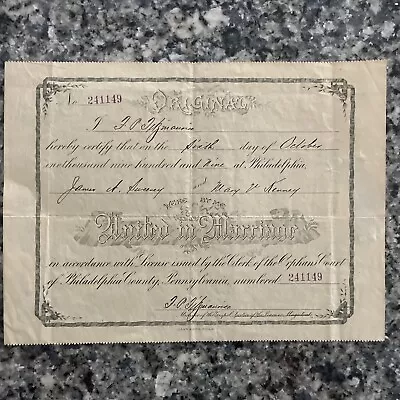 1911 Marriage Certificate Philadelphia PA Orphans Court Writing Antique Ephemera • $10