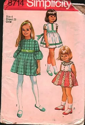 8714 Vintage Simplicity Sewing Pattern Girls 1970s Dress Toddler 4 Church Party • $5.99