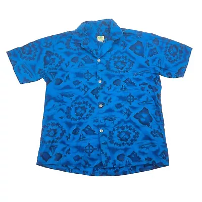 Vtg. Men's L Large  Blue UI MAIKAI Hawaiian Aloha Ocean Map Island Cotton Shirt • $34.95