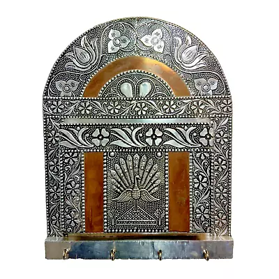 BOHO Wall LETTER KEY HOLDER Embossed Silver Metal Copper Mail Slot India PEACOCK • $35