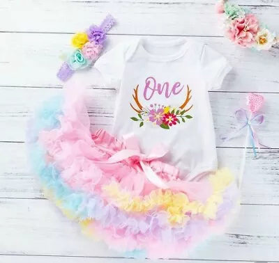 Baby Girl Multicolour 1st Birthday Outfit Romper Tutu Cake Smash Photoshoot 3 Pc • $41.99