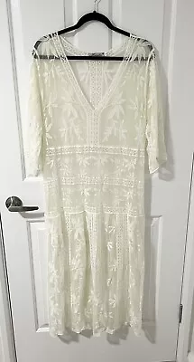 HOURGLASS - Ivory White 100% Cotton Lace Sheer Maxi Dress Size M Fit 12 BNWOT • $39