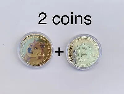 $11.99 • Buy ( 2pcs Set ) Gold Plated Bitcoin  + Dogecoin Novelty Gift
