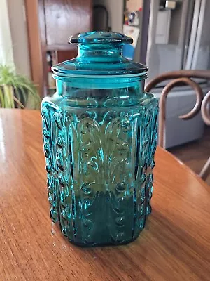 Vintage LE Smith 9  Imperial Atterbury Scroll Blue Glass Canister Jar With Lid  • $24.99