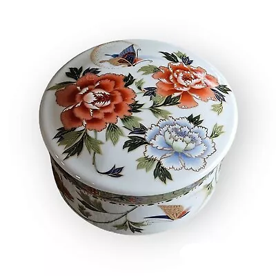 Takahashi Round Floral Porcelain Trinket Box Butterfly And Peonies Vintage • $16