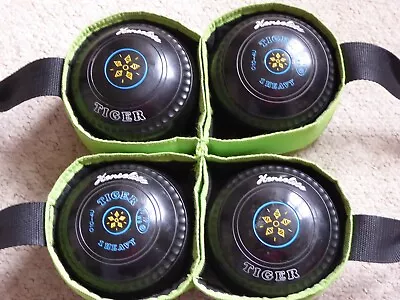 Set Of 4 Henselite Tiger Lawn Bowls Size 1 Heavy Black With Carrier • £180