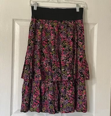 Vintage City Skirt Women Medium Pink Purple Black Floral 80s Julio Paula Tiered • $26.98