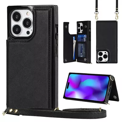 For IPhone 15 14 13 12 11 Pro Max XR Leather Card Pocket Phone Case With Lanyard • $11.72