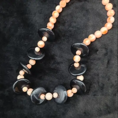 Vintage Mid-Century Natural Angel Skin Coral Beads & Black Onyx Discs Necklace • $169.99