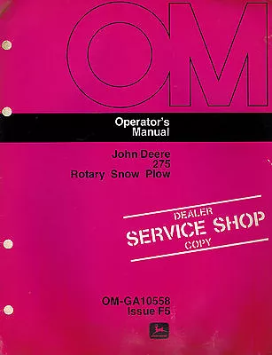 JOHN DEERE 275  3-POINT ROTARY SNOW PLOW (SNOWBLOWER) OPERATOR'S MANUAL  Jd  NEW • $24.95