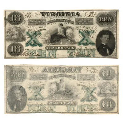 Virginia Treasury Note $10 October 15 1862 Criswell 11 Rarity 7 Extra Fine- Wate • $174.99