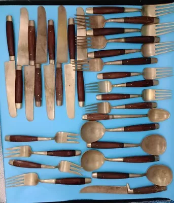 Vintage MID CENTURY MODERN Brass? And Rosewood? FLATWARE Mix Of 28 Pieces • $10.99
