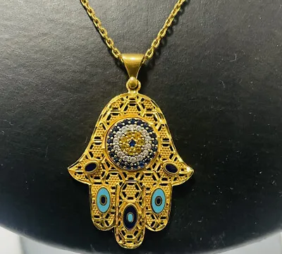 Awesome!! 22K YG Hand Of God Hamsa Pendant Necklace Enamel & Synthetic Sapphires • £1135.17