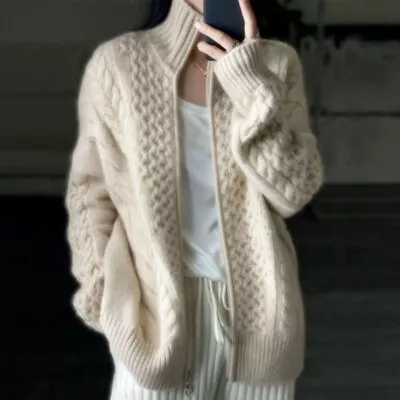 Women's Casual Sweater Women's Turtleneck Zipper Knit Cardigan Loose Pullover • £31.16