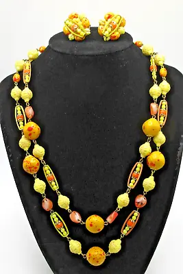 Vintage W. Germany Orange Yellow Lucite Double Strand Necklace Clip Earrings • $5