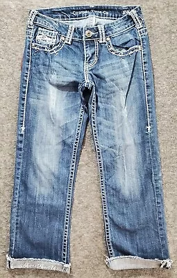 Cowgirl Tuff Crystal Capri Jeans Womens 25 Blue Denim Low Rise Frayed Raw • $23.99